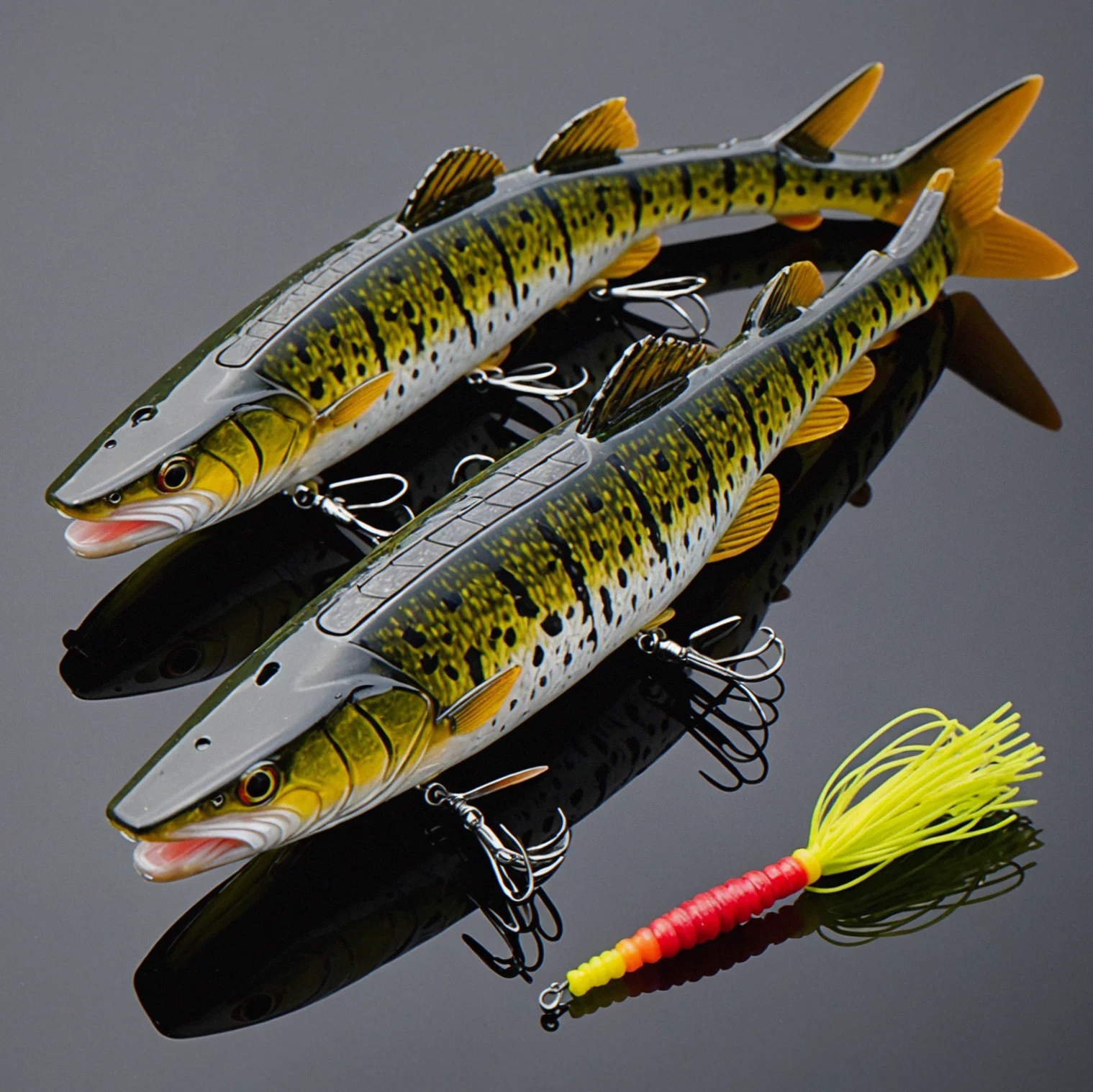 Soft plastic pike lure with realistic baitfish profile lying next to 1/2-oz jig head on wooxen surface
