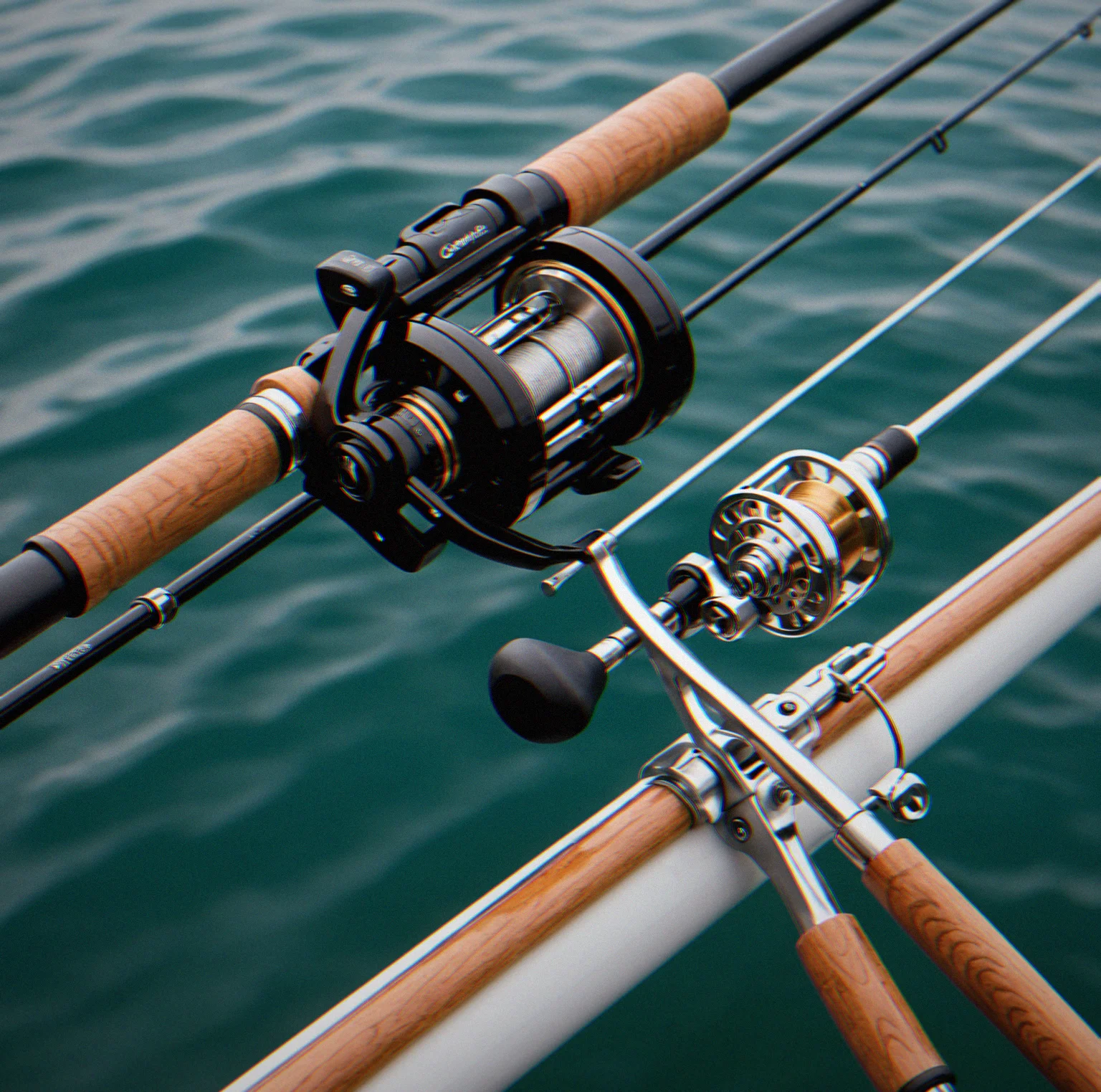 Medium-heavy spinning rod mounted on boat gunwale with baitcaster reel and open bail ready for cast