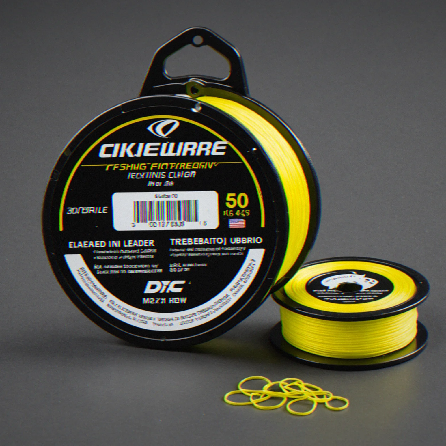 Braided fishing line spool next to fluorocarbon leader material and FG knot instruction card