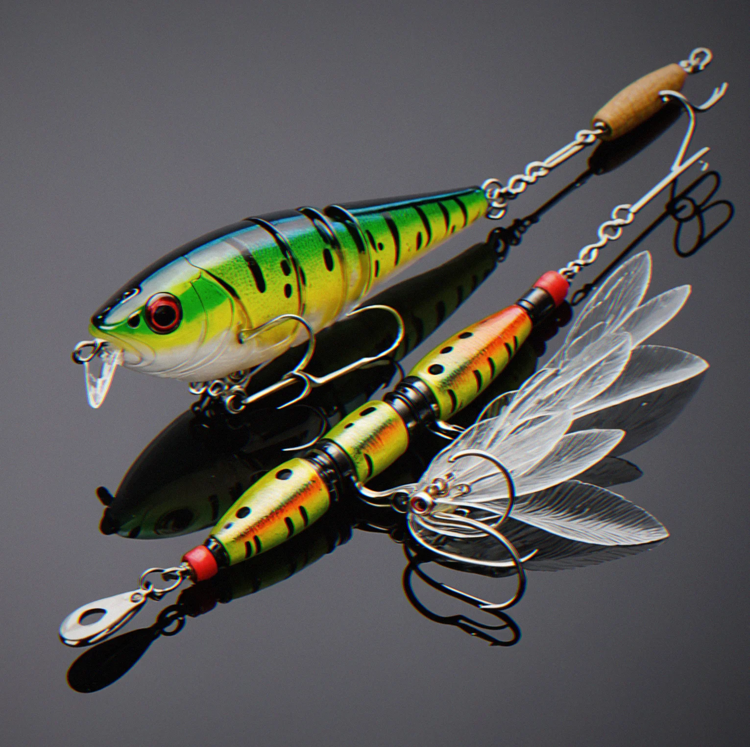 Abu Garcia spinner with rotating blade frozen mid-rotation above rippled water surface showing vibration rings