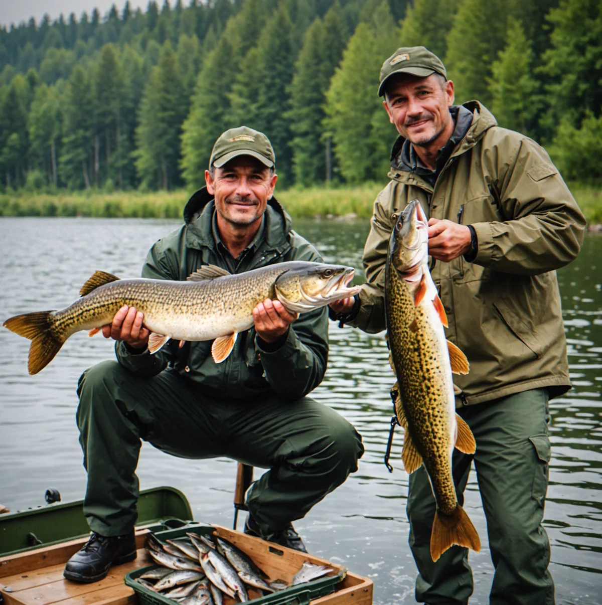 The fisherman caught 2 big fish on the lake.